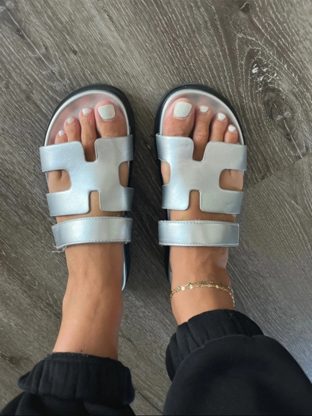 WANTED Metallic Silver Double-Strap Slide Sandals